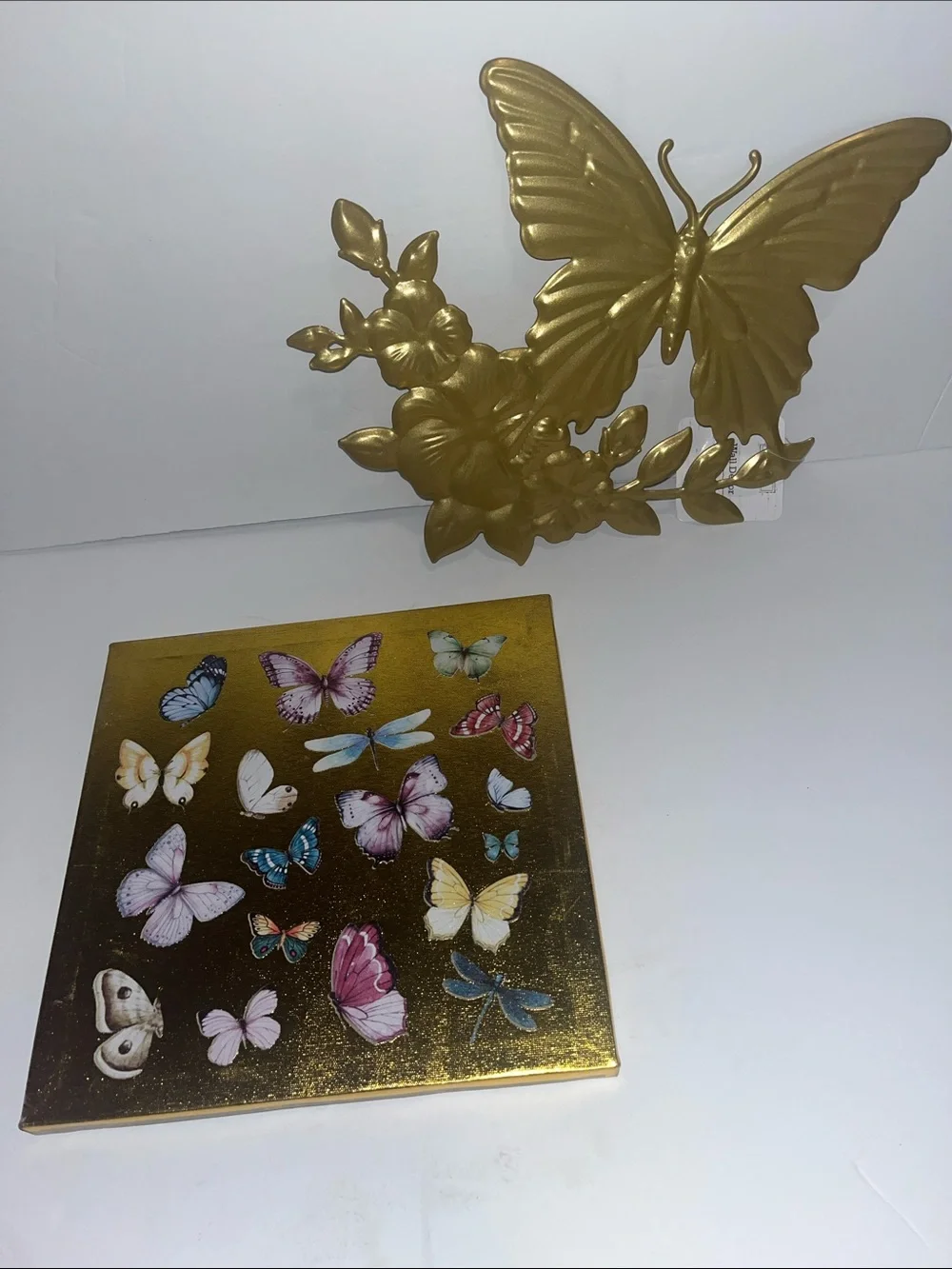 Gold Butterfly /Dragonfly Wall Art Decor Set -metal plaque & canvas Art-